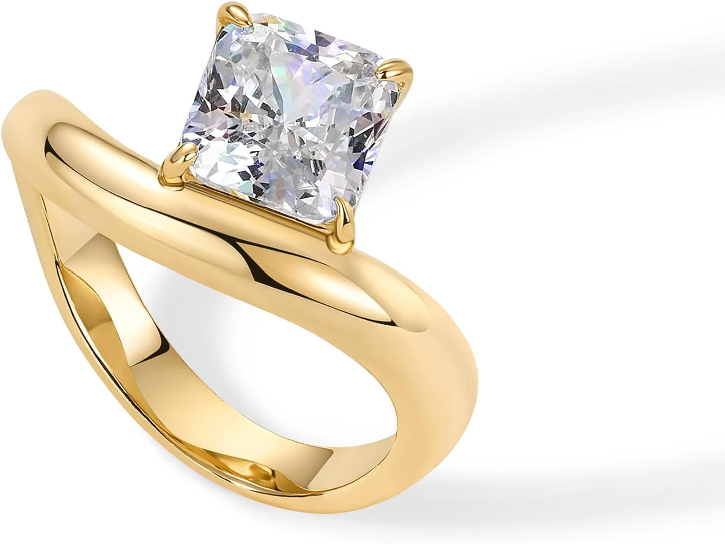 14K Gold Plated Wavy Engagement Ring for Women | Solitaire Cubic Zirconia Wedding Band & Promise Rings for Her | Trendy Fashion Jewelry