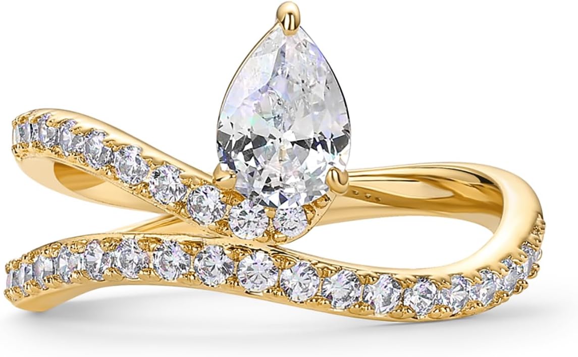 14K Gold Plated Wavy Engagement Ring for Women | Solitaire Cubic Zirconia Wedding Band & Promise Rings for Her | Trendy Fashion Jewelry
