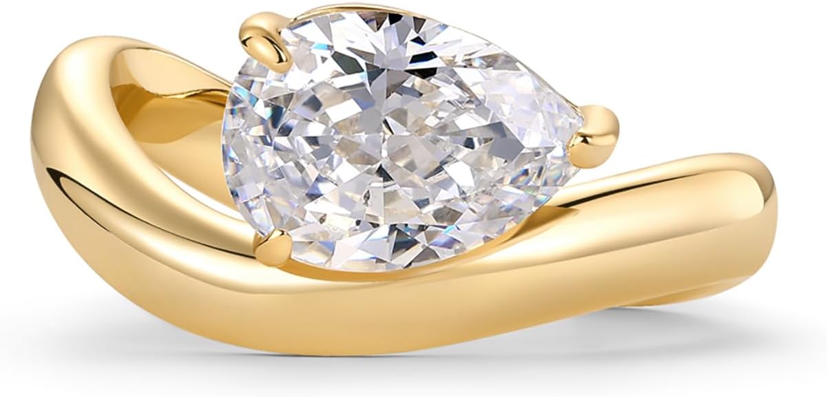 14K Gold Plated Wavy Engagement Ring for Women | Solitaire Cubic Zirconia Wedding Band & Promise Rings for Her | Trendy Fashion Jewelry